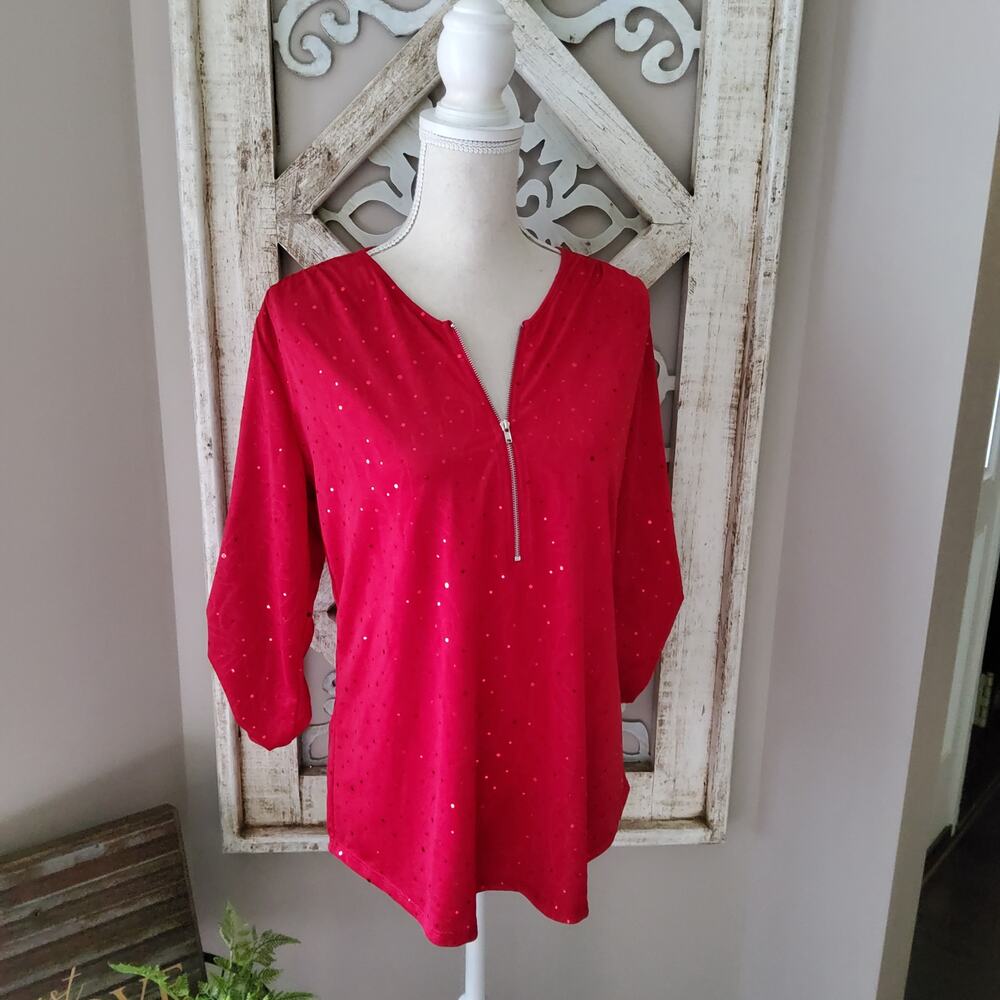 NY Collection Women's Roll Tab Sleeve Zip Jacquard Sequin Blouse Top in Red